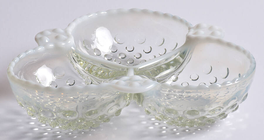 Hobnail French (Opalescent) 7" Clover Shape 3 Part Relish by Fenton-1