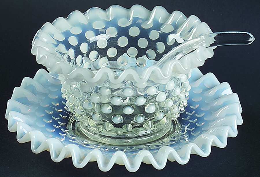 Hobnail French (Opalescent) Mayonnaise Bowl, Underplate and Ladle by Fenton-1