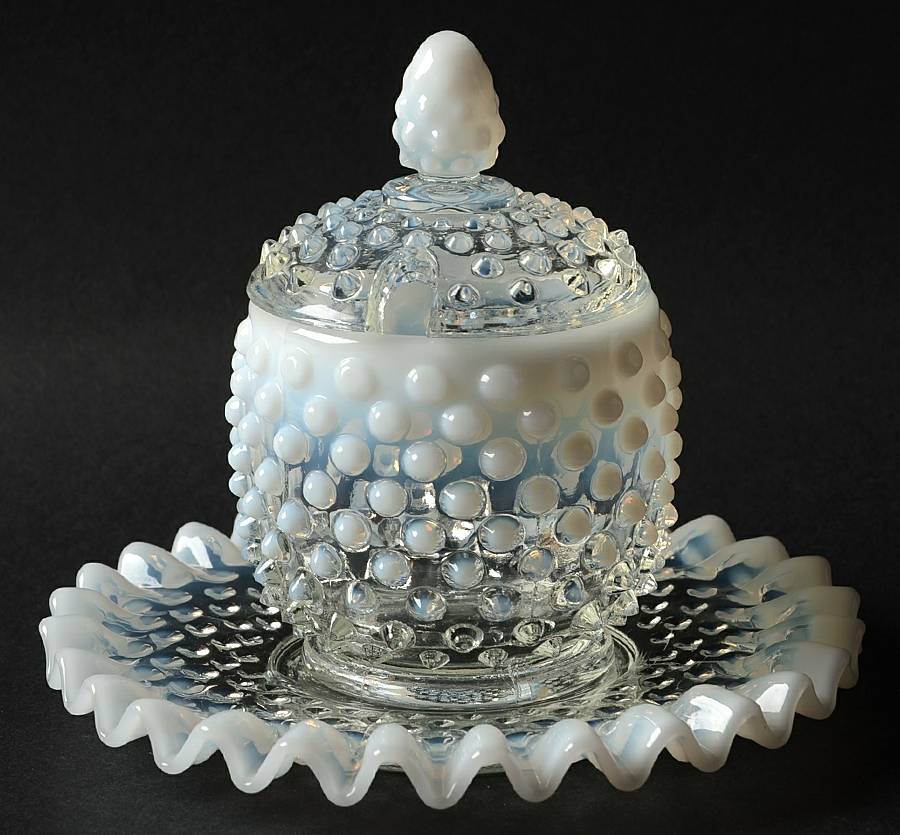 Hobnail French (Opalescent) Jam/Jelly &Underplate with Lid by Fenton-1