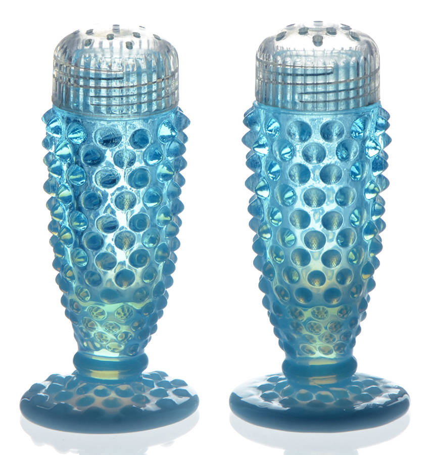 Hobnail Blue (Opalescent) Footed Shaker Set & Plastic Lids by Fenton-1