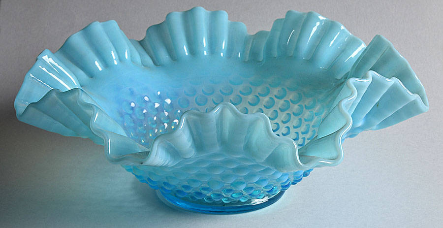 Hobnail Blue (Opalescent) 8" Round Double Crimped Bowl by Fenton-1