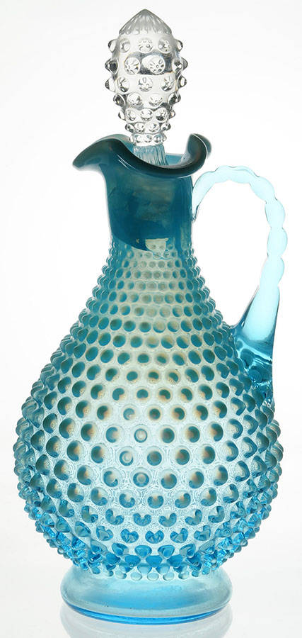 Hobnail Blue (Opalescent) Handled Wine Decanter & Stopper by Fenton-1
