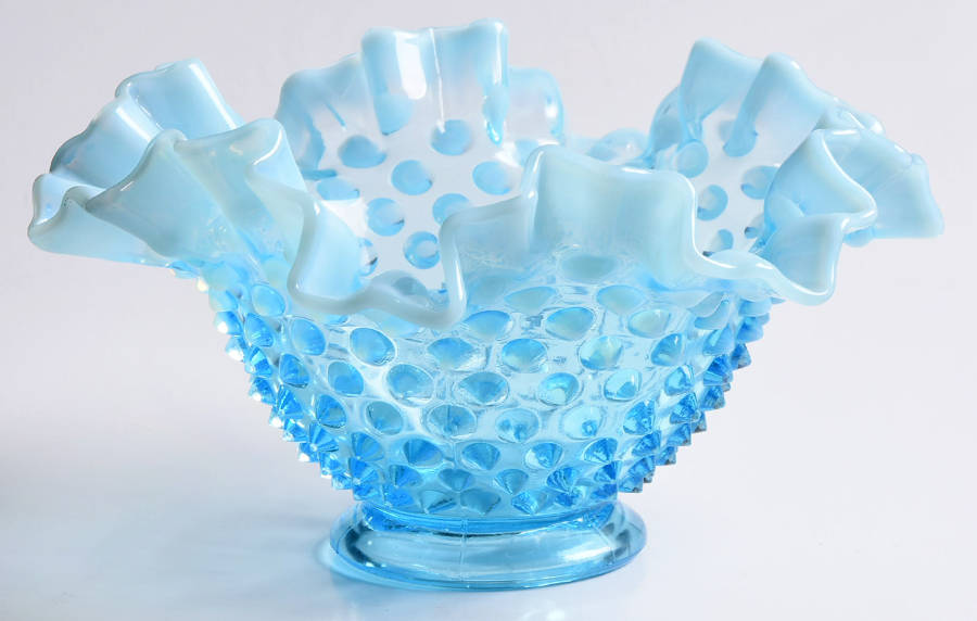 Hobnail Blue (Opalescent) Small Double Crimped Bowl by Fenton-1