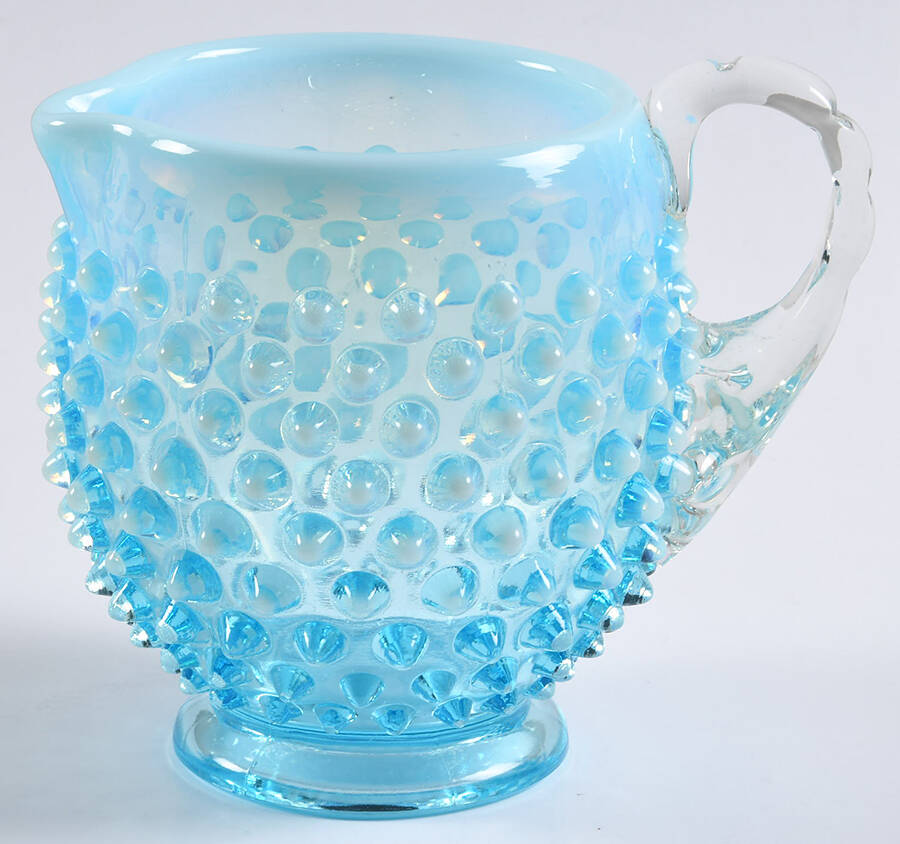 Hobnail Blue (Opalescent) 4" Crimped Handle Jug by Fenton-1