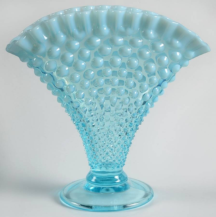 Hobnail Blue (Opalescent) 8" Footed Crimped Flared Fan Vase by Fenton-1
