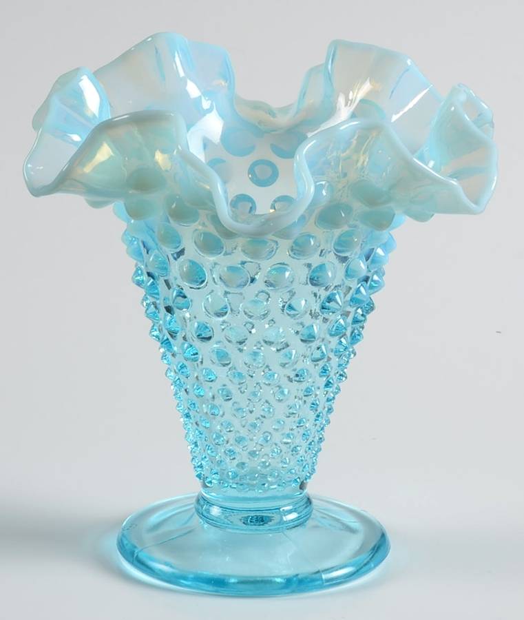 Hobnail Blue (Opalescent) 5" Footed Double Crimped Vase by Fenton-1
