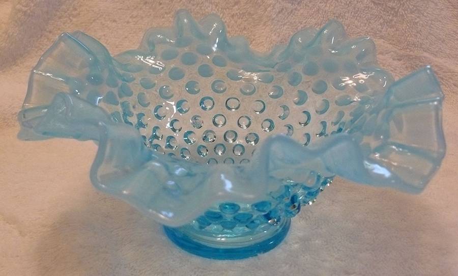 Hobnail Blue (Opalescent) 7" Round Double Crimped Bowl by Fenton-1