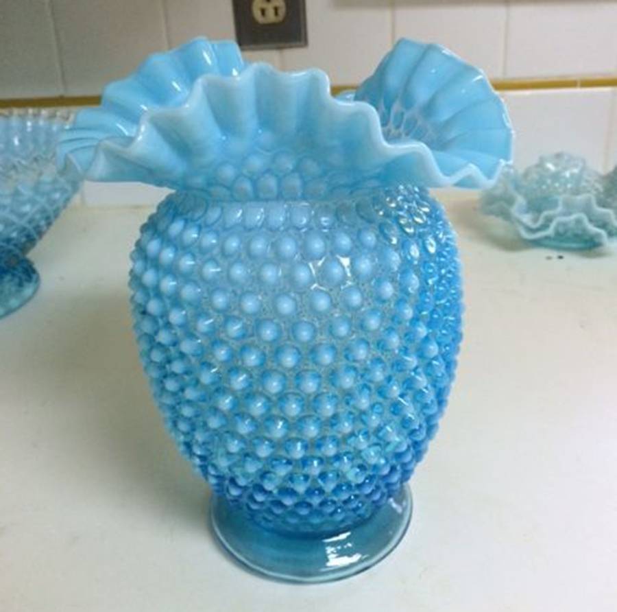 Hobnail Blue (Opalescent) 8" Crimped Triangle Vase by Fenton-1
