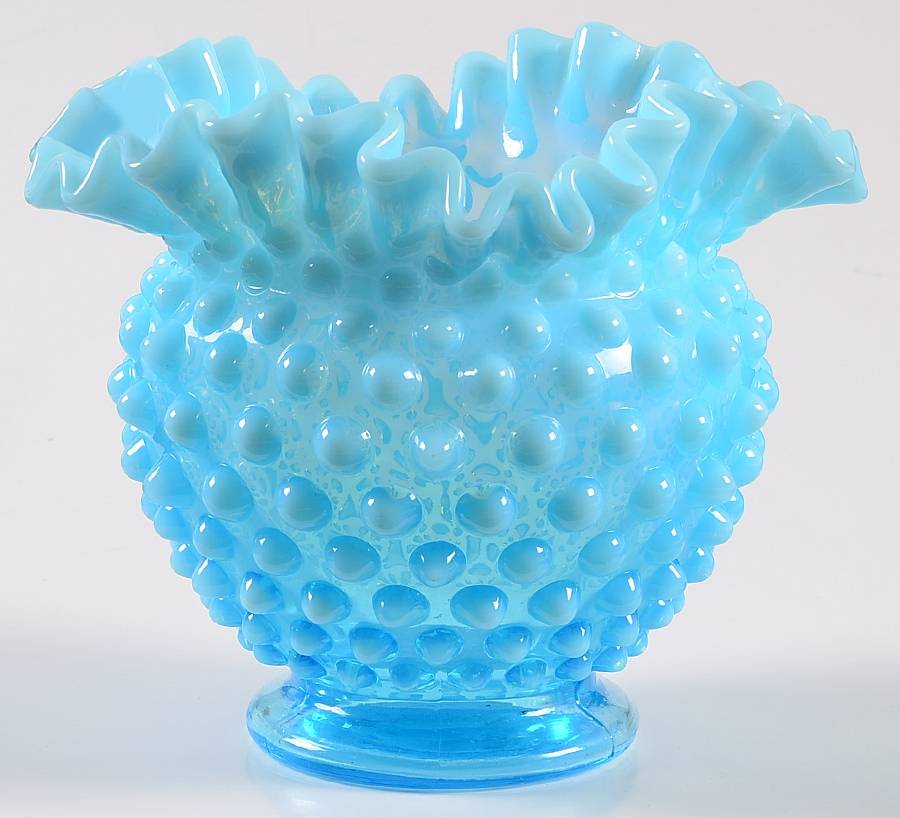Hobnail Blue (Opalescent) 4" Crimped Square Vase by Fenton-1
