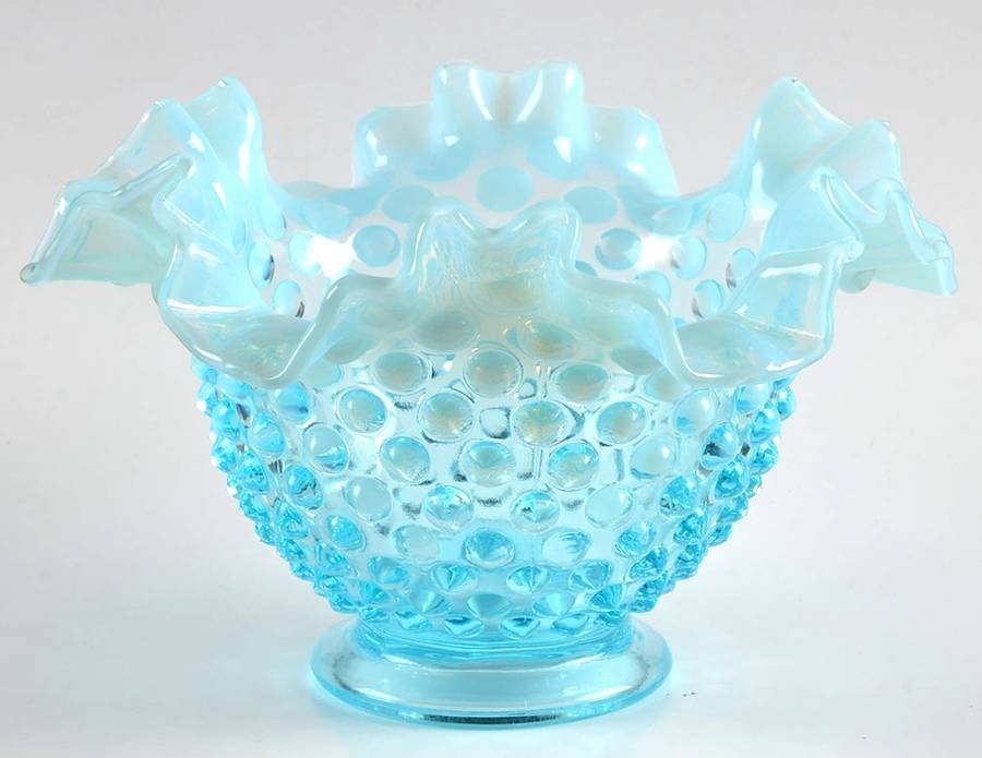 Hobnail Blue (Opalescent) 6" Round Crimped Bowl by Fenton-1