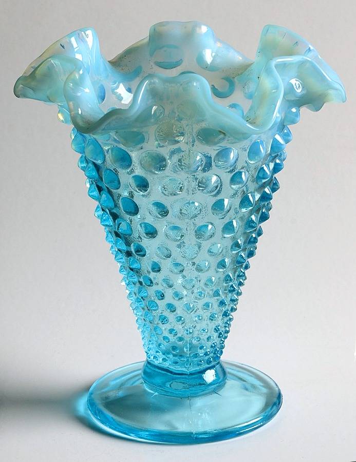Hobnail Blue (Opalescent) 6" Footed Double Crimped Vase by Fenton-1