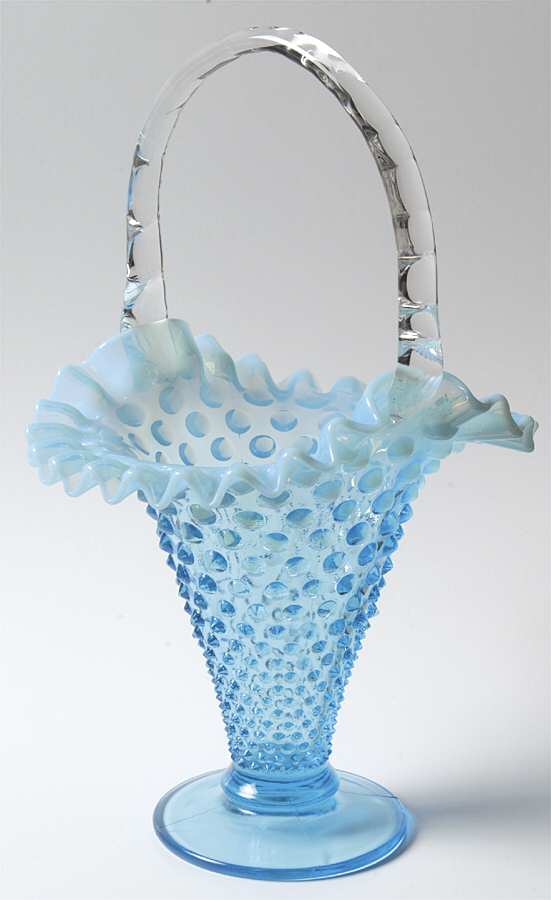 Hobnail Blue (Opalescent) #389 Hobnail 12" Footed Basket by Fenton-1