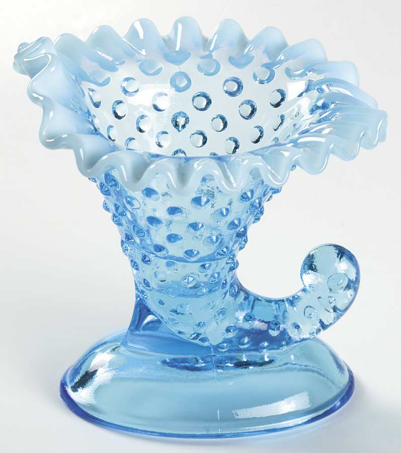 Hobnail Blue (Opalescent) Large Cornucopia Candleholder by Fenton-1