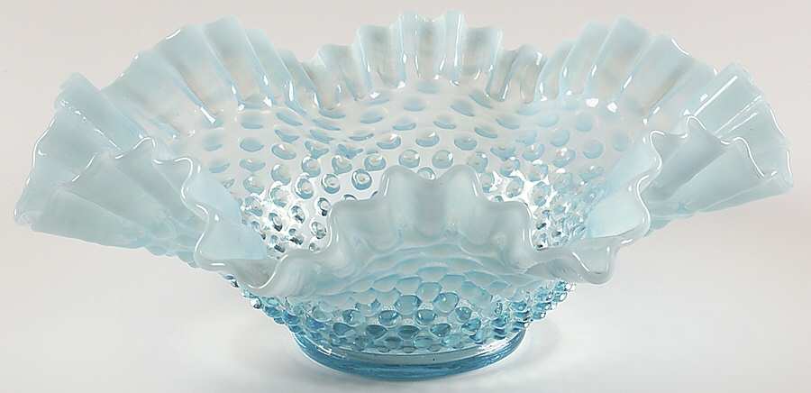 Hobnail Blue (Opalescent) 11" Round Crimped Bowl by Fenton-1