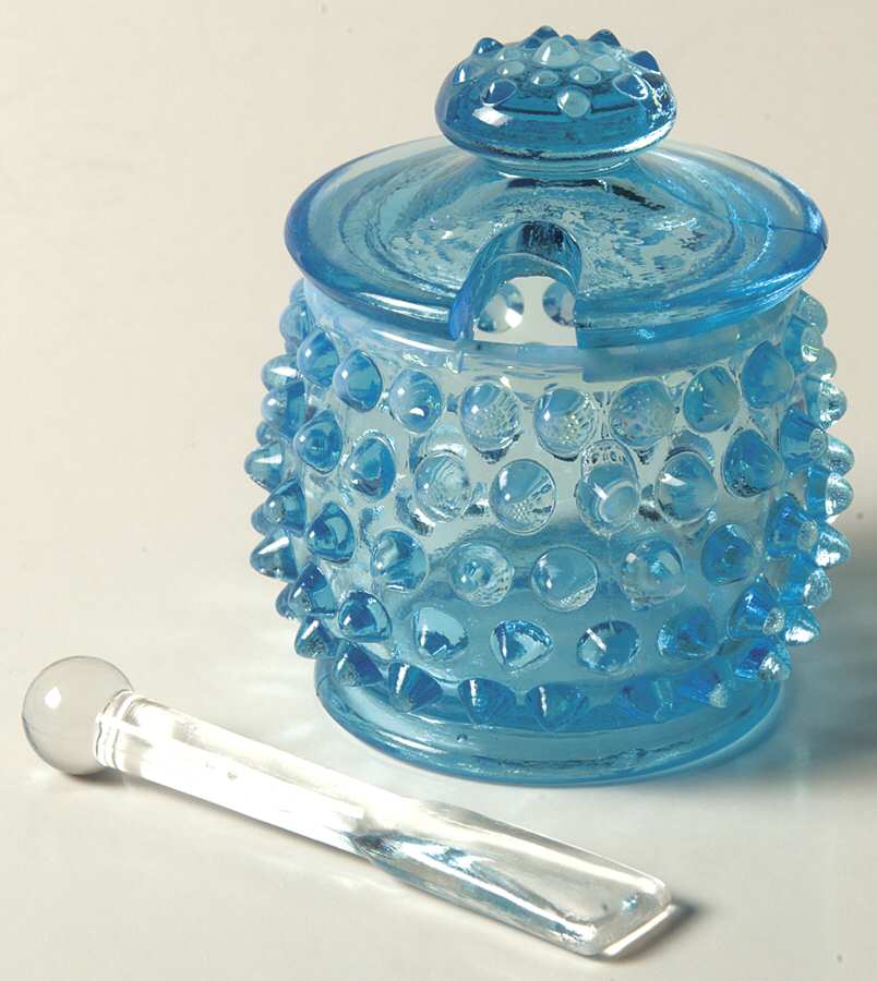 Hobnail Blue (Opalescent) Mustard & Lid with Spoon by Fenton-1