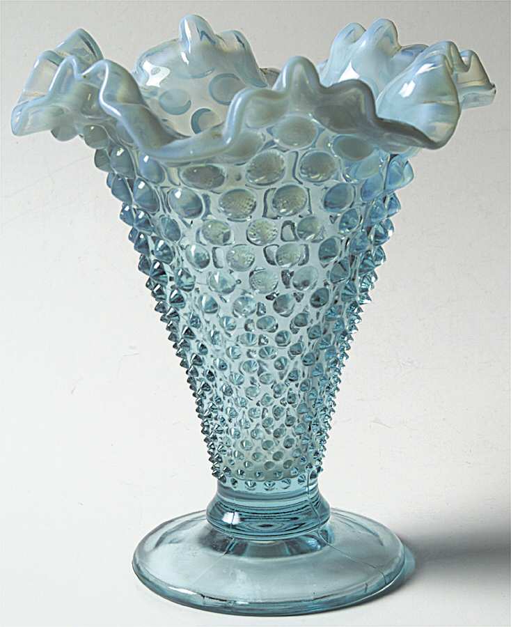 Hobnail Blue (Opalescent) 8" Footed Double Crimped Vase by Fenton-1