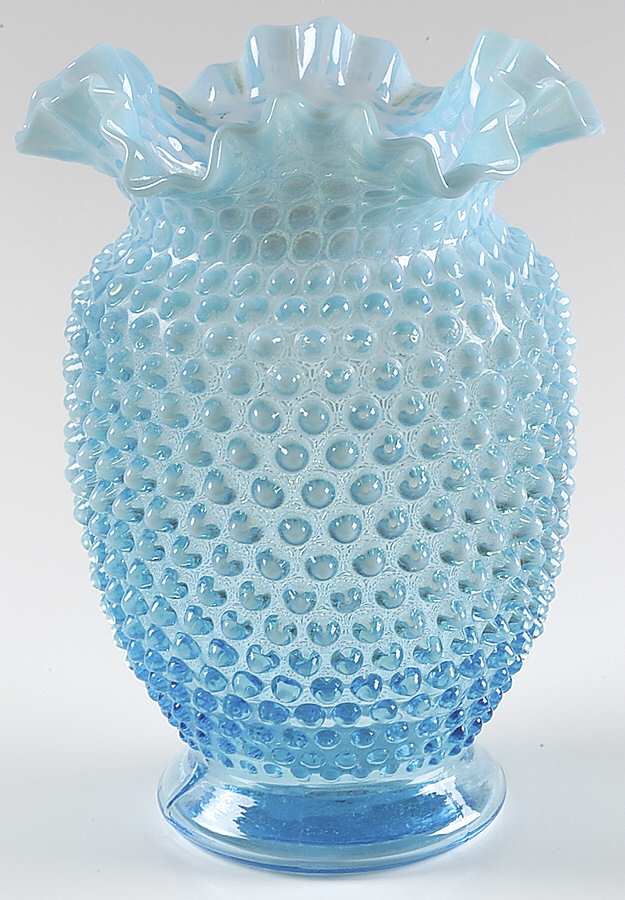 Hobnail Blue (Opalescent) 8" Double Crimped Vase by Fenton-1