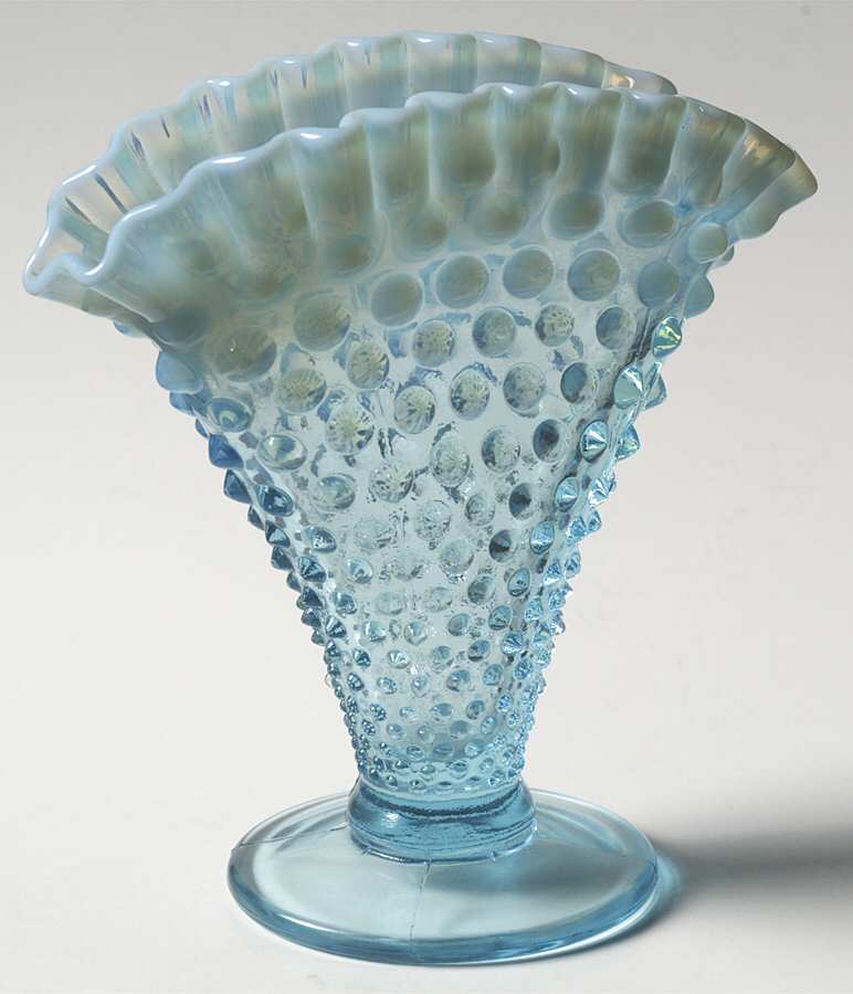 Hobnail Blue (Opalescent) 6" Footed Crimped Fan Flared Vase by Fenton-1