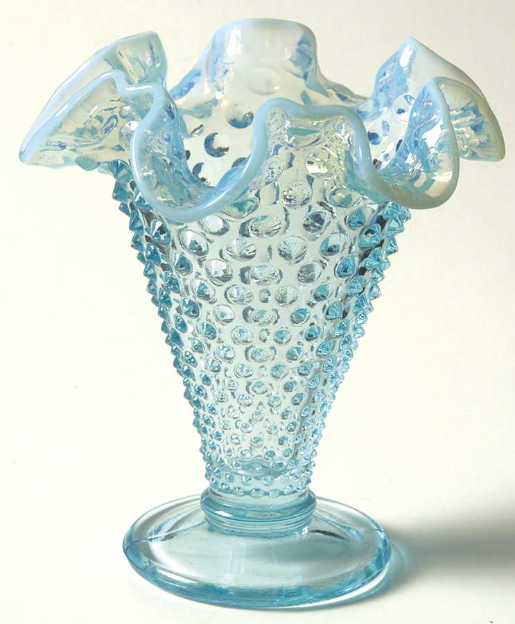 Hobnail Blue (Opalescent) 4" Double Crimped Footed Vase by Fenton-1