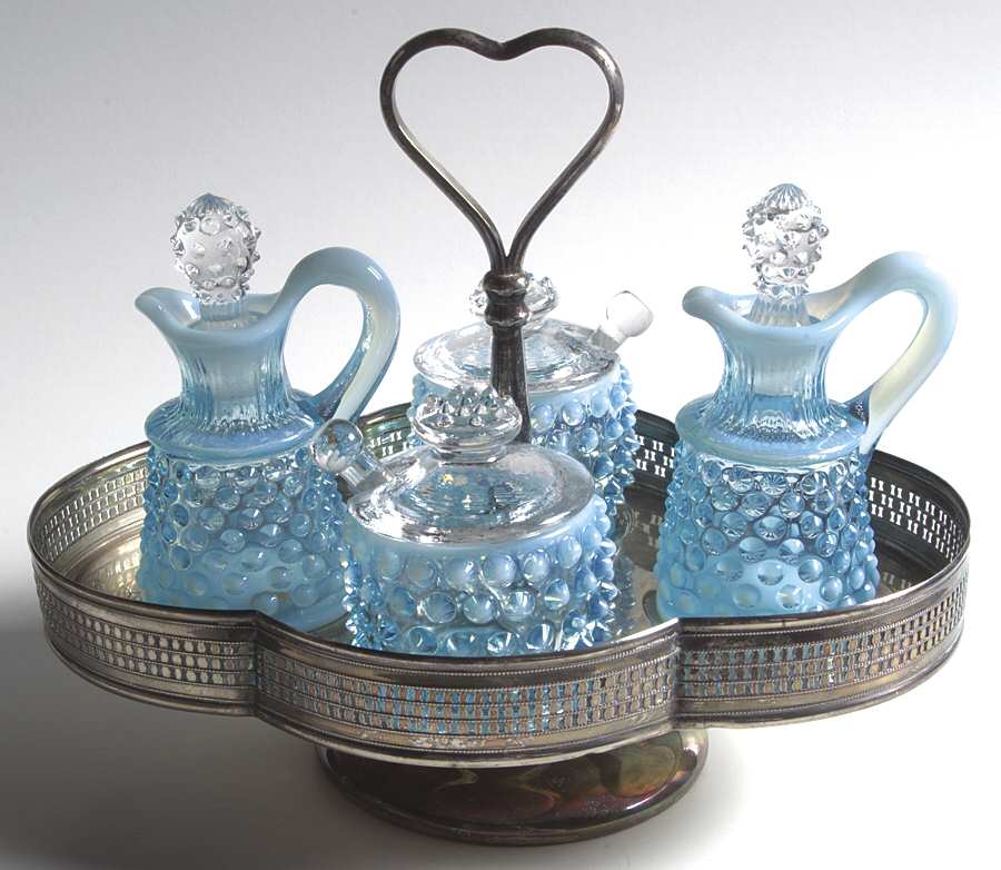 Hobnail Blue (Opalescent) (11 Pc) Condiment (2 Cruets,2 Mustards,Metal Stand by Fenton-1