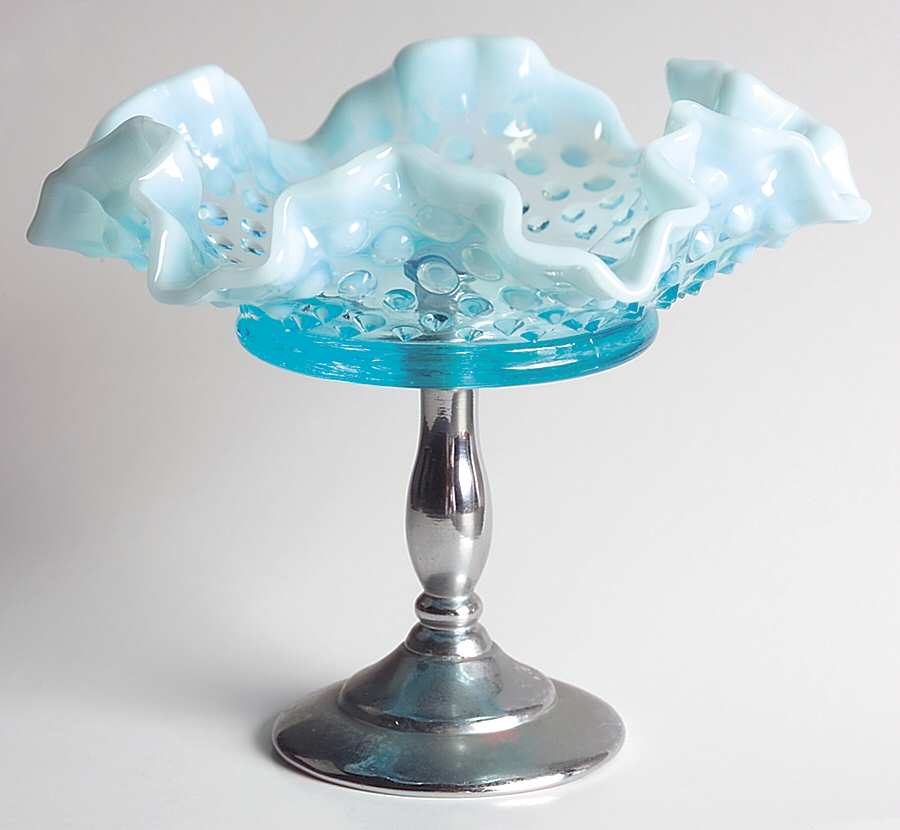 Hobnail Blue (Opalescent) 6" Double Crimped Bon Bon with Metal Stand by Fenton-1