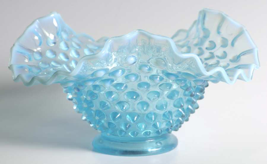 Hobnail Blue (Opalescent) 7" Crimped Triangular Bowl by Fenton-1