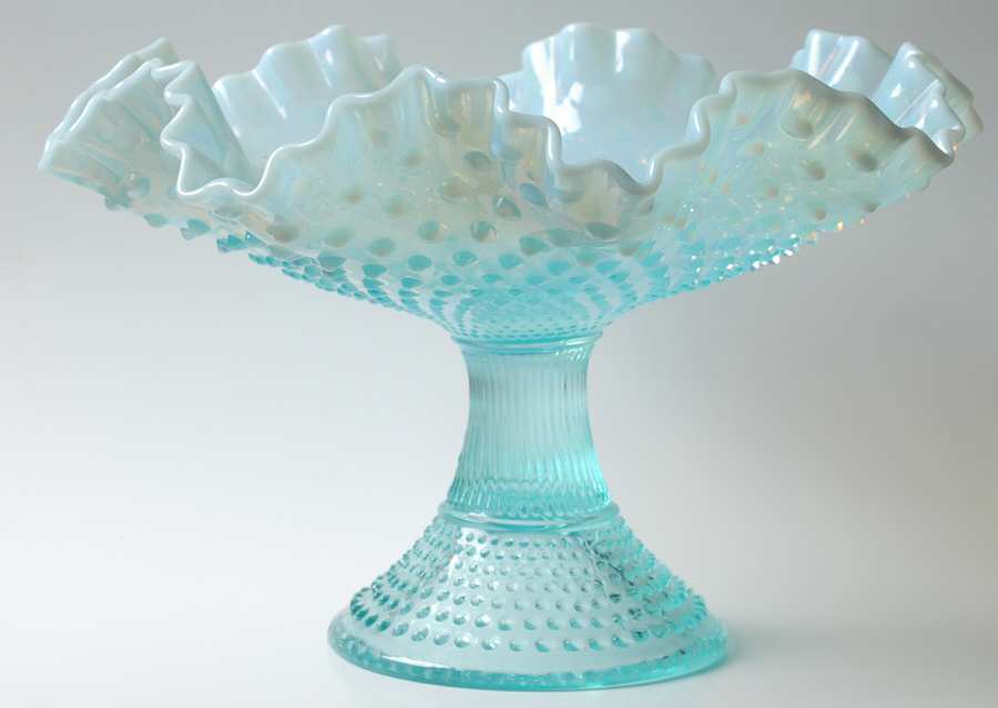 Hobnail Blue (Opalescent) Round Footed Double Crimped Bowl by Fenton-1