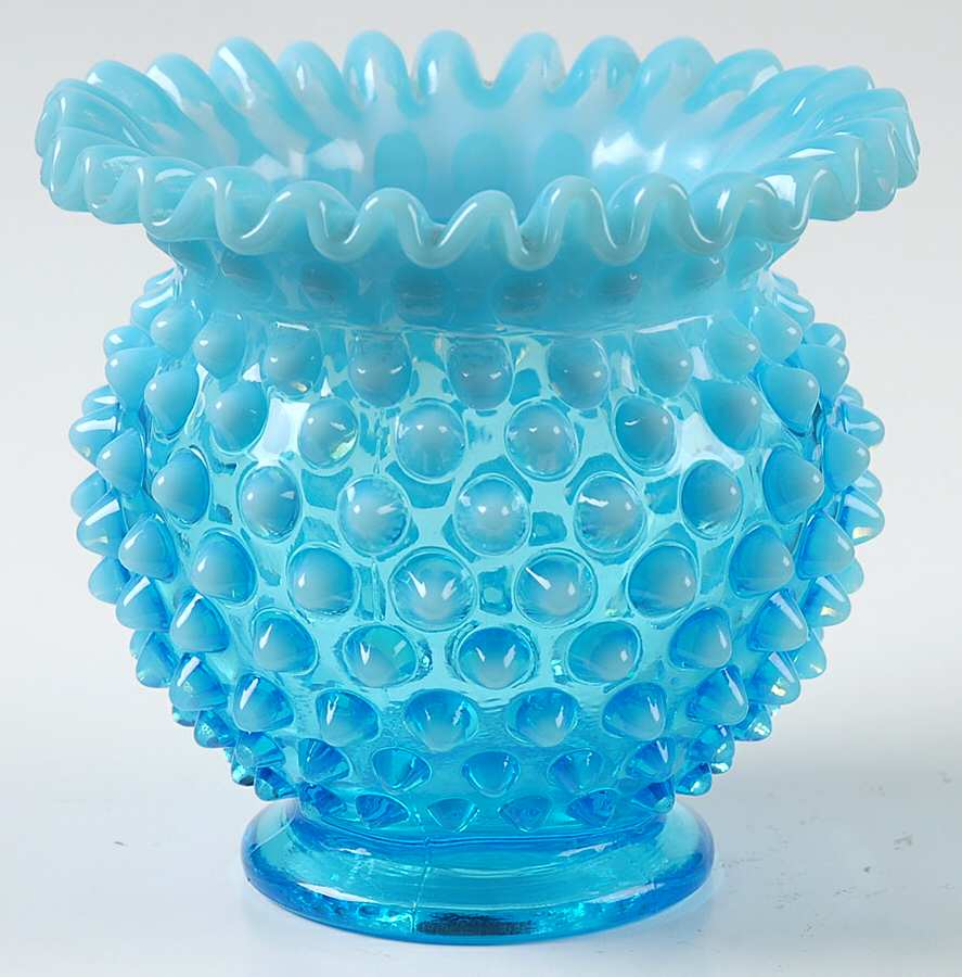 Hobnail Blue (Opalescent) 4" Crimped Vase by Fenton-1