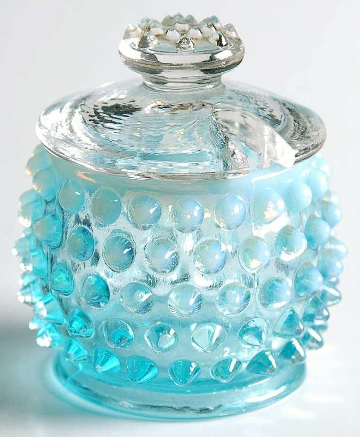 Hobnail Blue (Opalescent) Mustard & Lid by Fenton-1