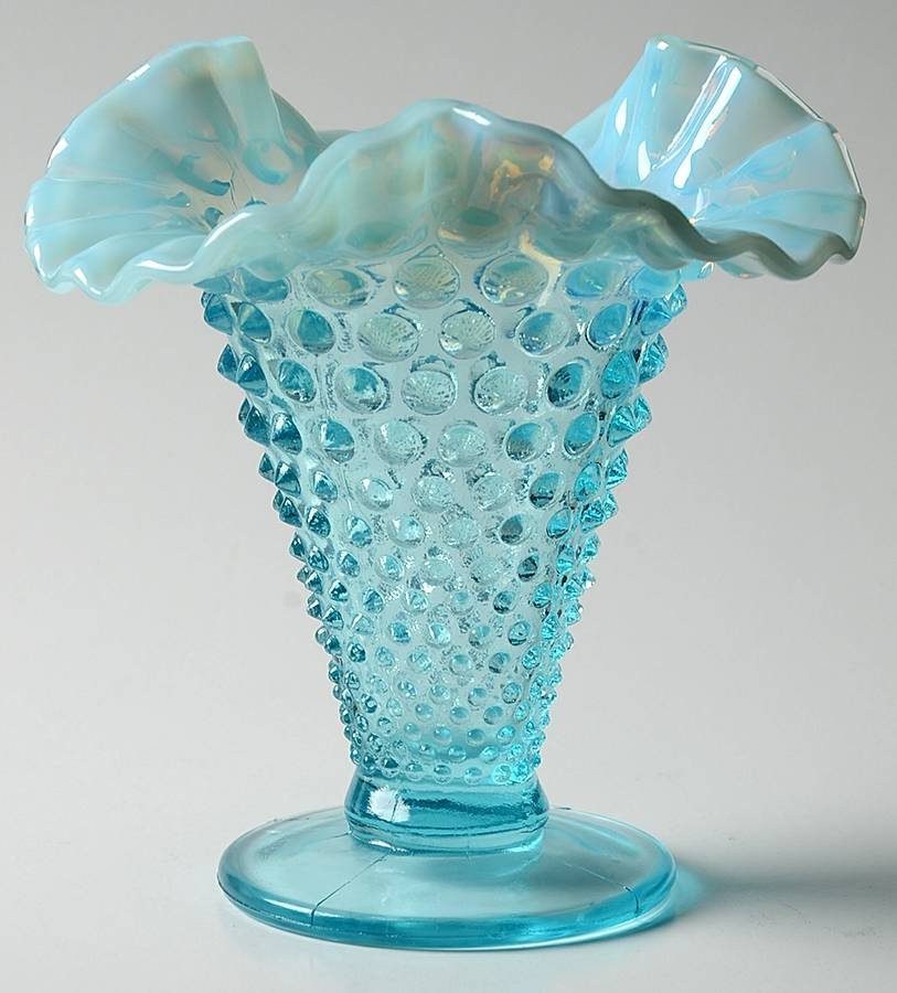 Hobnail Blue (Opalescent) 6" Footed Triangle Vase by Fenton-1