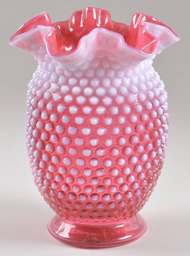 Hobnail Cranberry (Opalescent) 8" Double Crimped Vase by Fenton-1