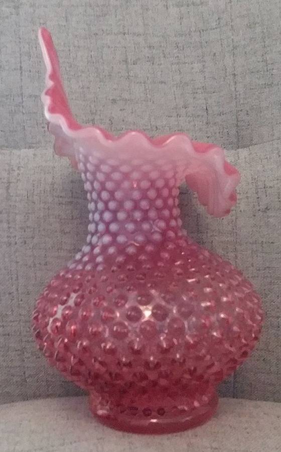 Hobnail Cranberry (Opalescent) 8" Crimped Tulip Vase by Fenton-1