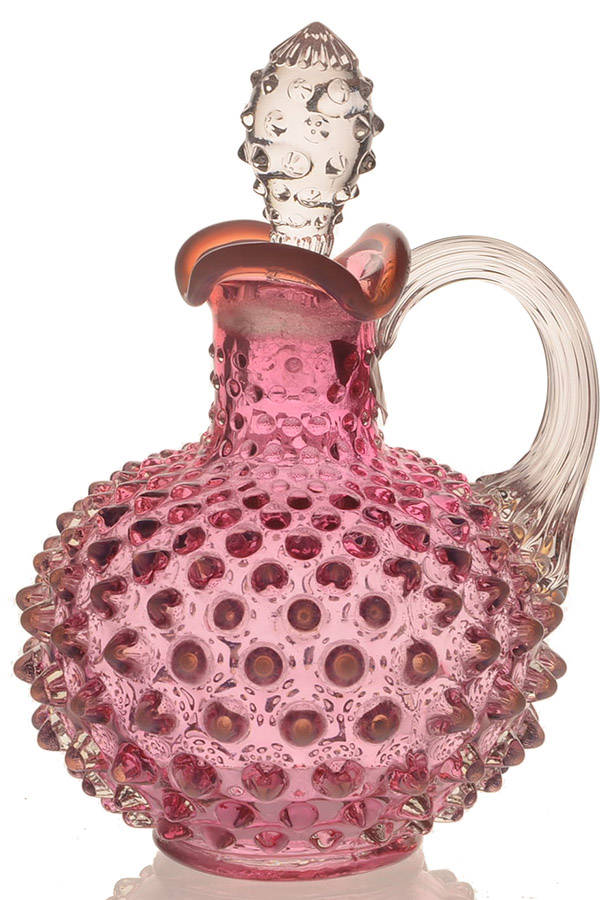 Hobnail Cranberry (Opalescent) Handled Cruet & Stopper by Fenton-1
