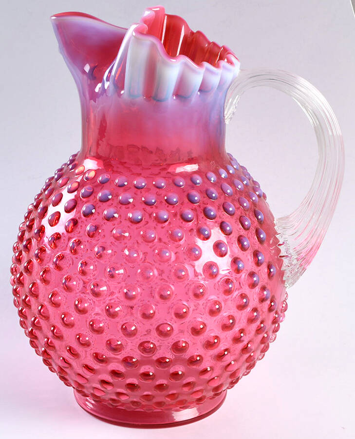 Hobnail Cranberry (Opalescent) 70 Oz Ice Lip Jug by Fenton-1