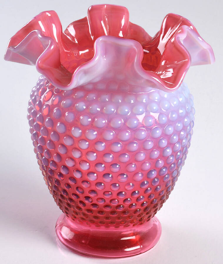 Hobnail Cranberry (Opalescent) 5 1/2" Double Crimped Vase by Fenton-1