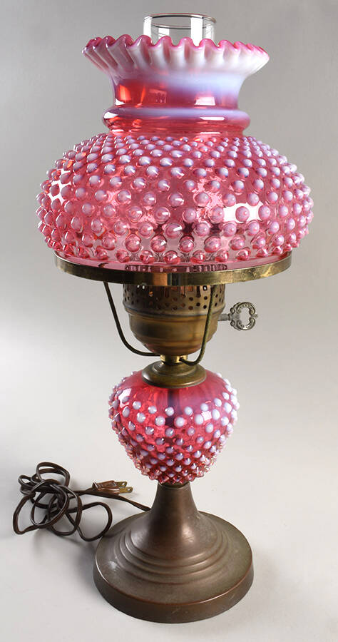 Hobnail Cranberry (Opalescent) Student Lamp with Globe & Chimney by Fenton-1