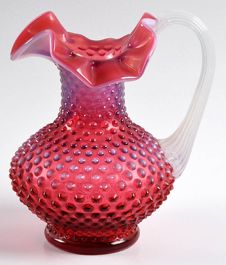 Hobnail Cranberry (Opalescent) 7" Handled Pitcher by Fenton-1