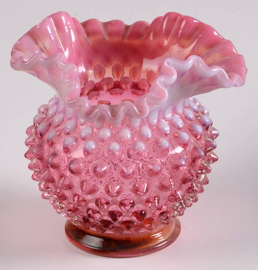 Hobnail Cranberry (Opalescent) 4 1/2" Miniature Cupped Square Crimp Vase by Fenton-1