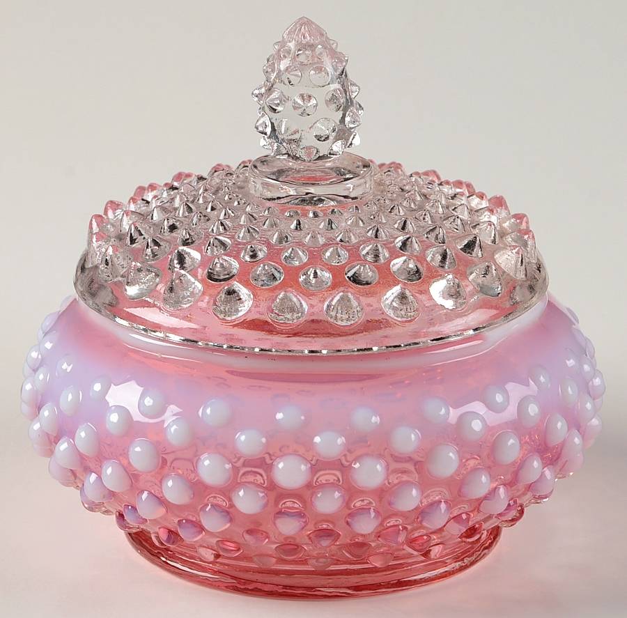 Hobnail Cranberry (Opalescent) Puff Jar & Lid by Fenton-1