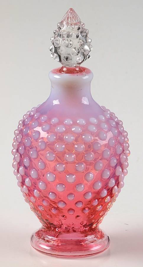 Hobnail Cranberry (Opalescent) Round Perfume Bottle & Stopper by Fenton-1