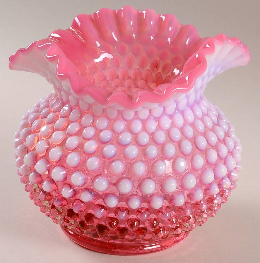 Hobnail Cranberry (Opalescent) 6" Crimped Triangular Vase by Fenton-1