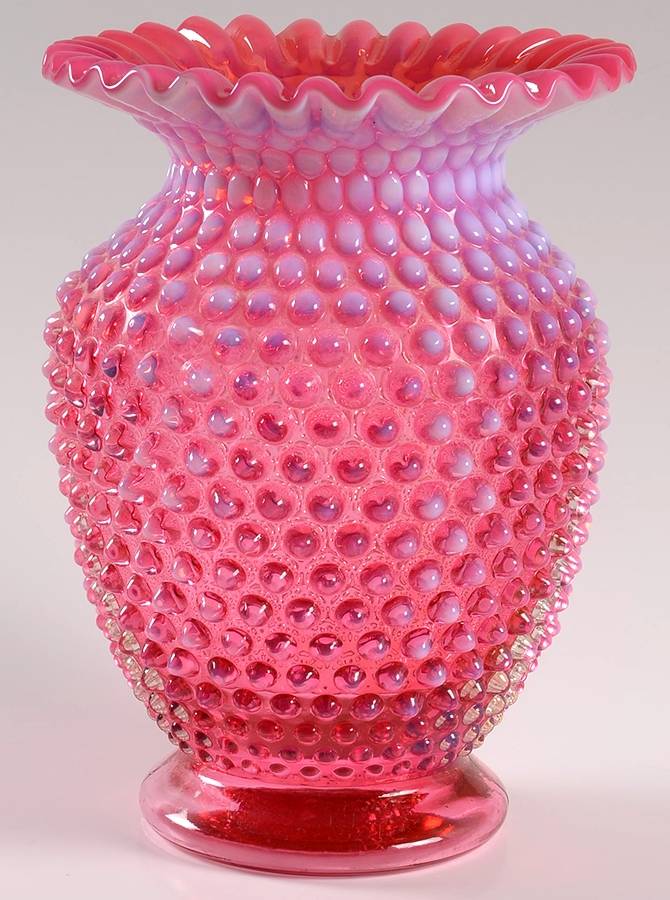 Hobnail Cranberry (Opalescent) 7" Flared Vase by Fenton-1
