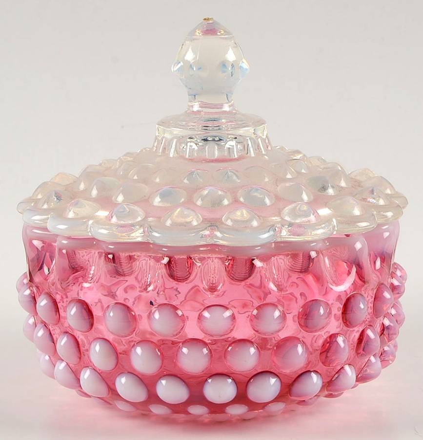 Hobnail Cranberry (Opalescent) Candy Box & Lid by Fenton-1