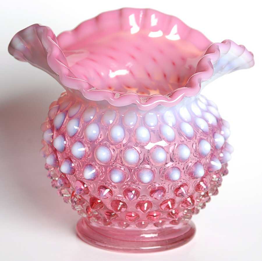 Hobnail Cranberry (Opalescent) 5" Crimped Triangle Vase by Fenton-1