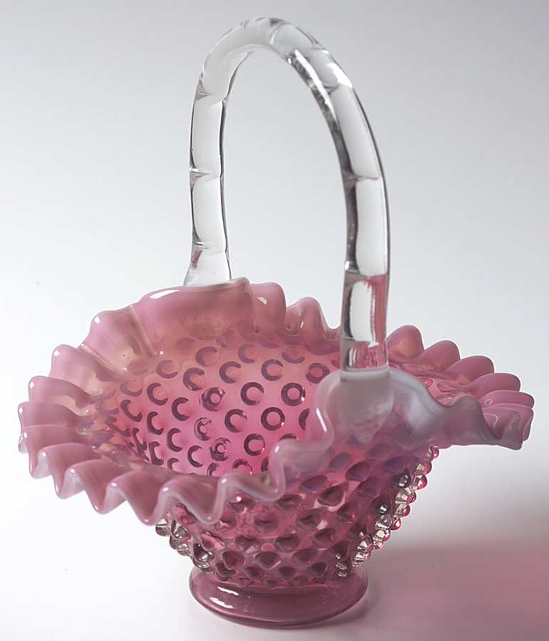 Hobnail Cranberry (Opalescent) #389/3837 Hobnail 7" Basket by Fenton-1