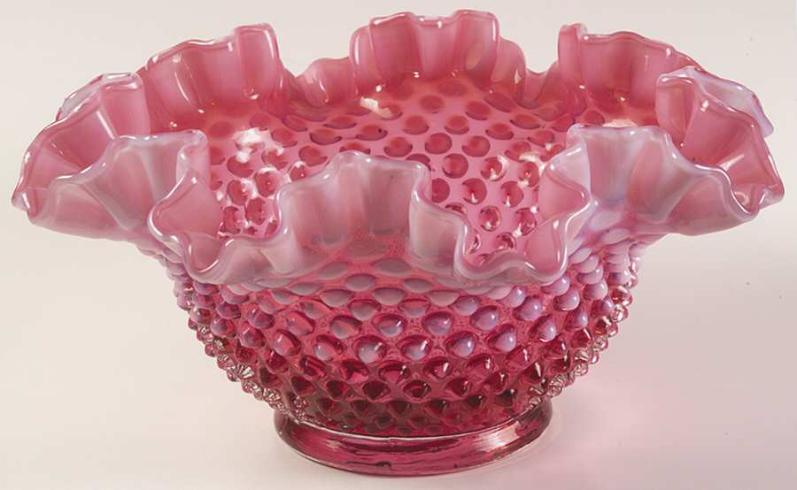 Hobnail Cranberry (Opalescent) Crimped Bowl by Fenton-1
