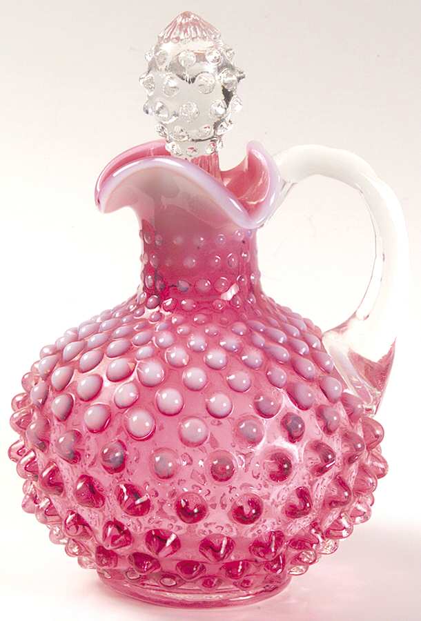 Hobnail Cranberry (Opalescent) Handled Cruet & Stopper by Fenton-1