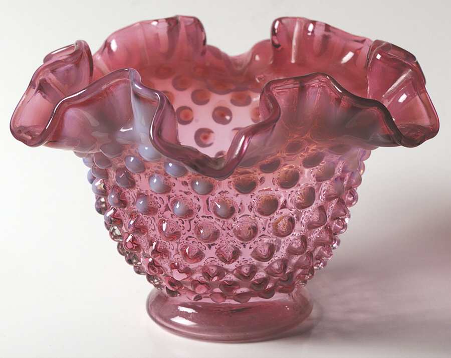 Hobnail Cranberry (Opalescent) Small Double Crimped Bowl by Fenton-1