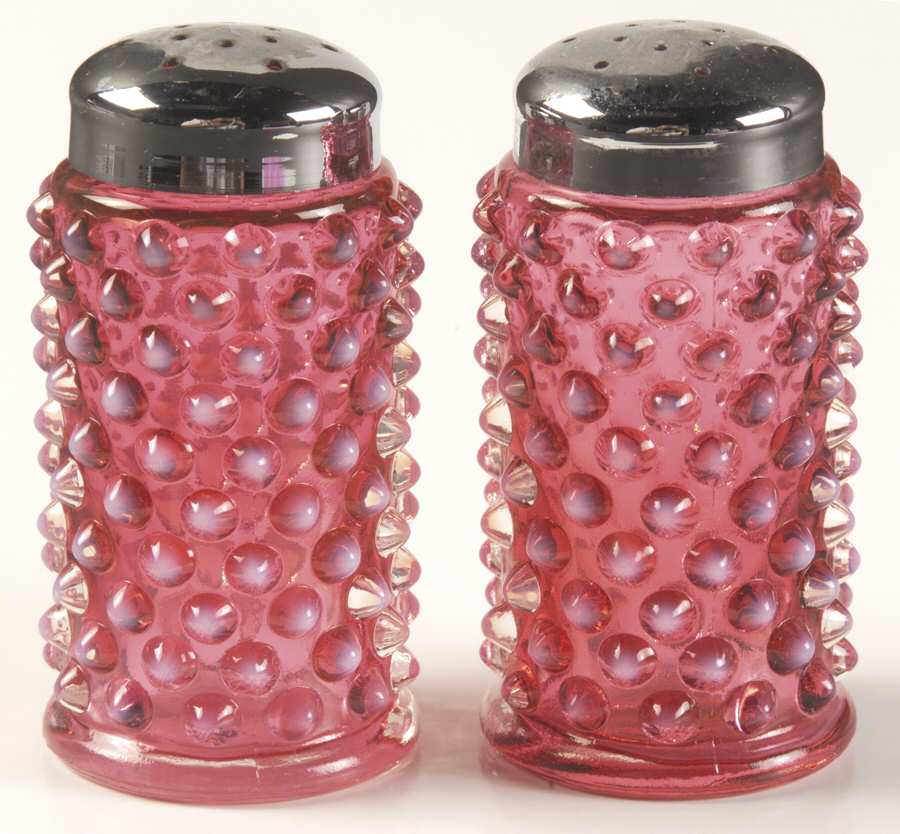 Hobnail Cranberry (Opalescent) Shaker Set w/Metal Lids by Fenton-1