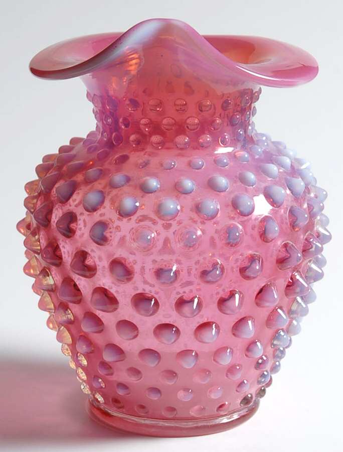 Hobnail Cranberry (Opalescent) 5" Crimped Tulip Vase by Fenton-1